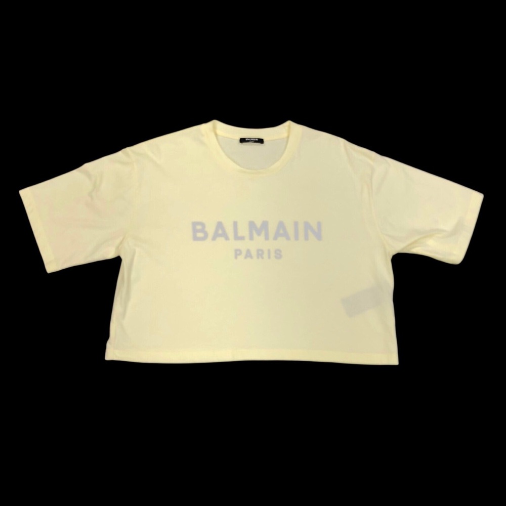 Balmain Paris Women’s Oversize Cropped Tee T-Shirt Size Small Light Yellow